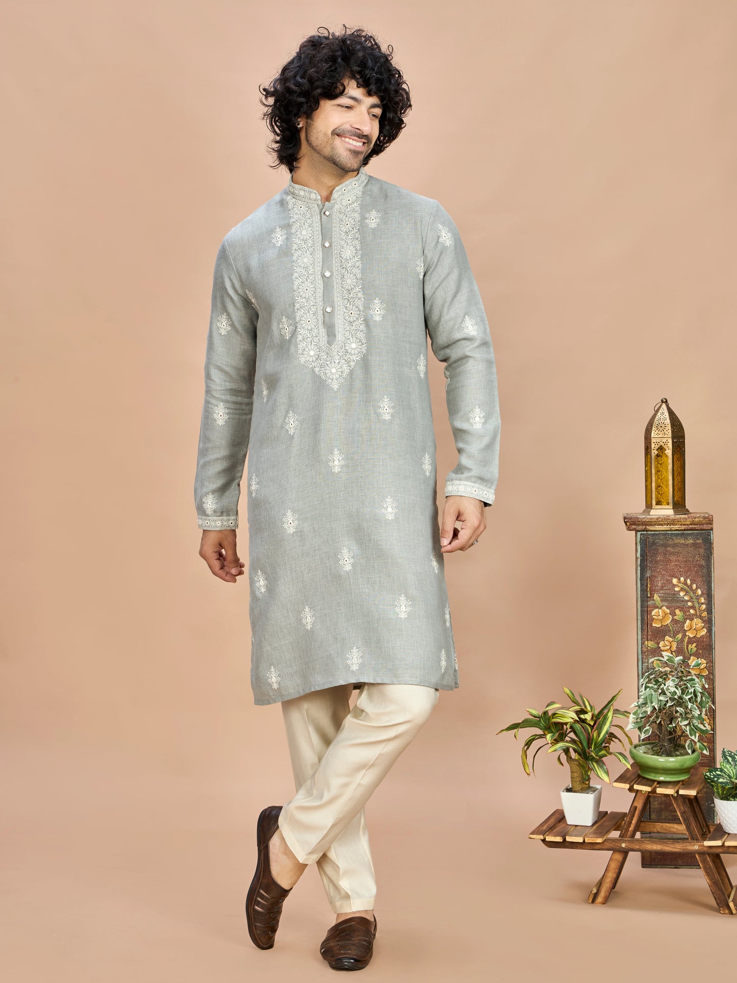 Light Grey Linen Embroidered Kurta Set for Men
