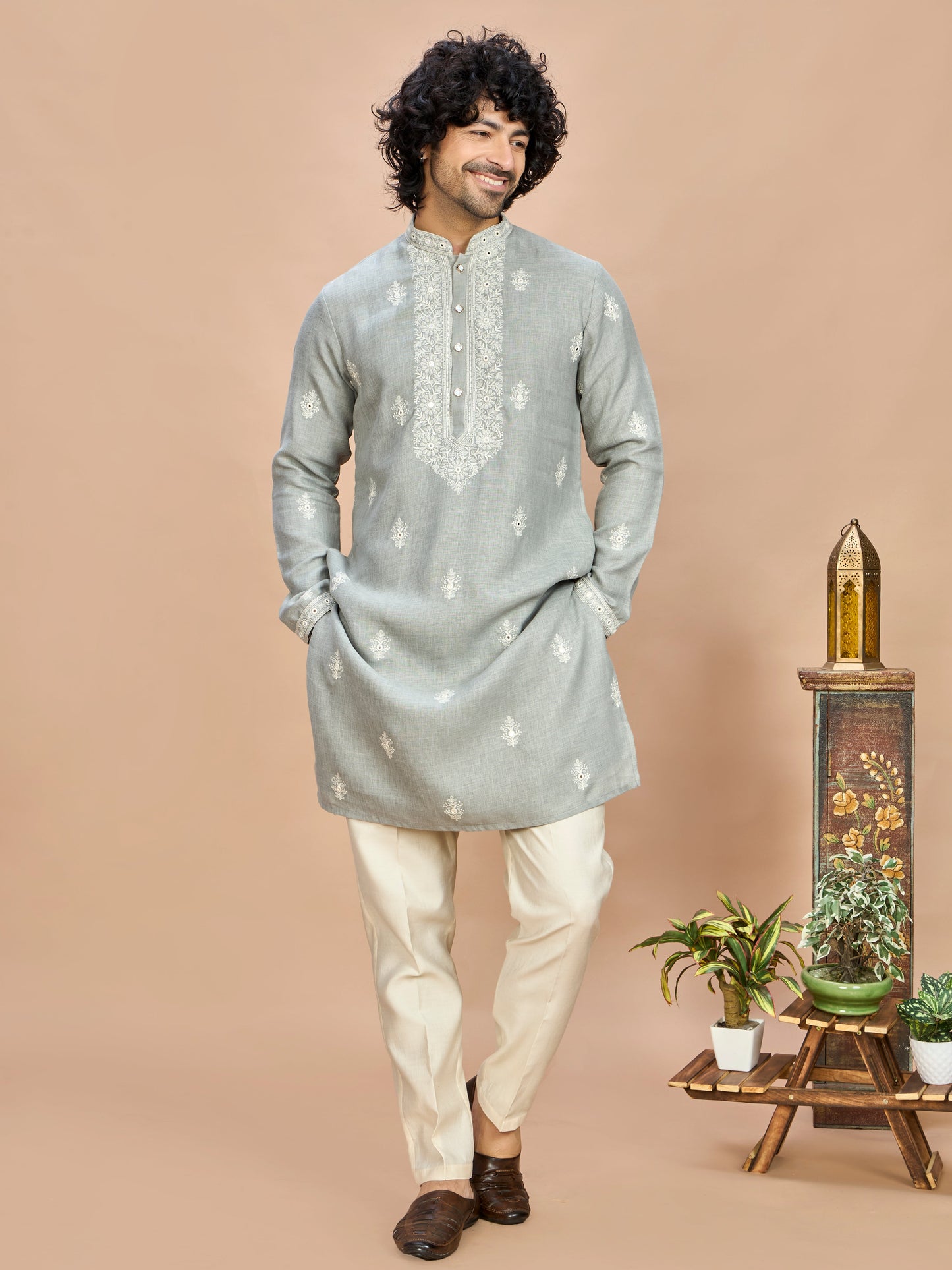 Light Grey Linen Embroidered Kurta Set for Men