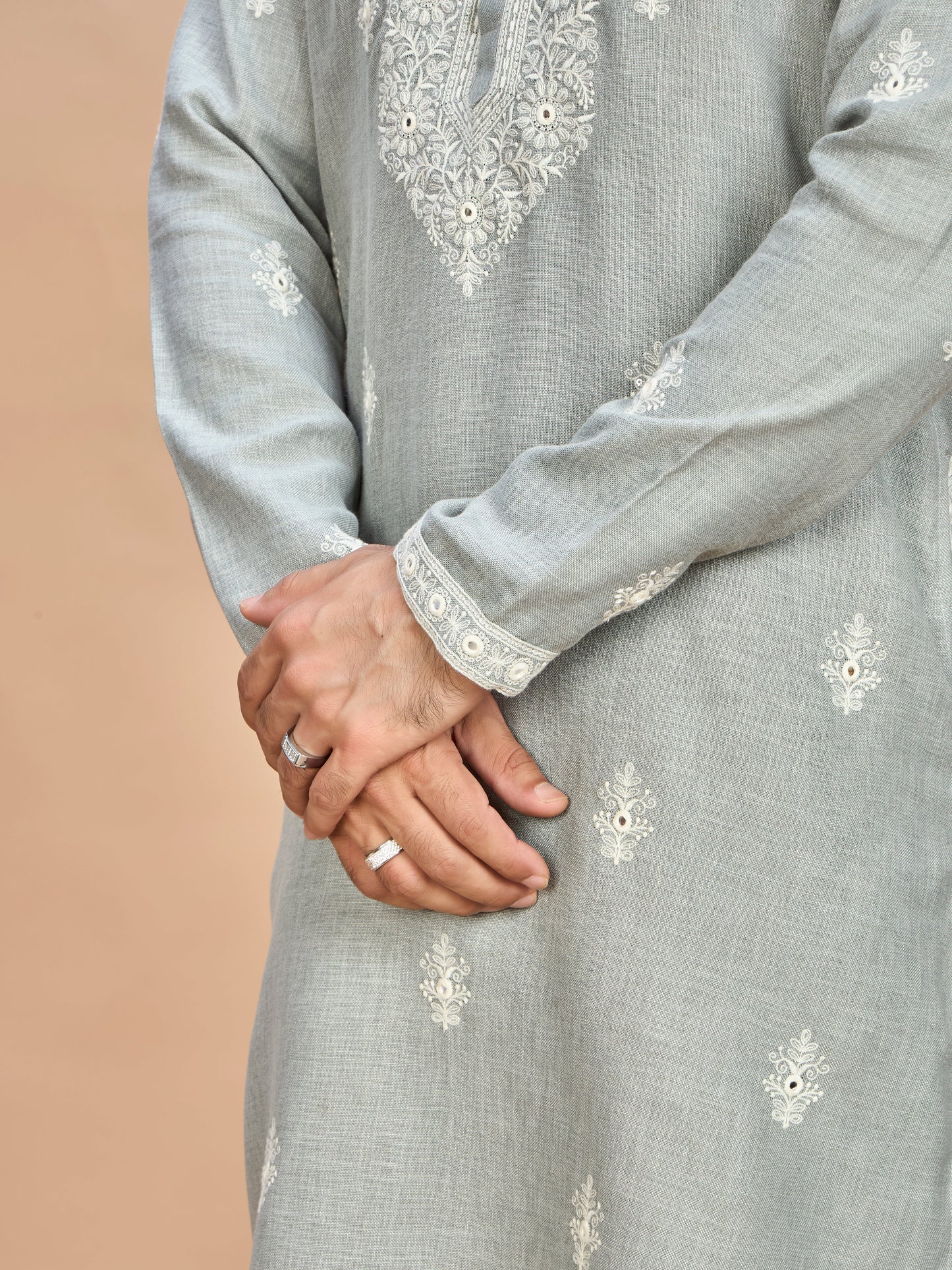 Light Grey Linen Embroidered Kurta Set for Men