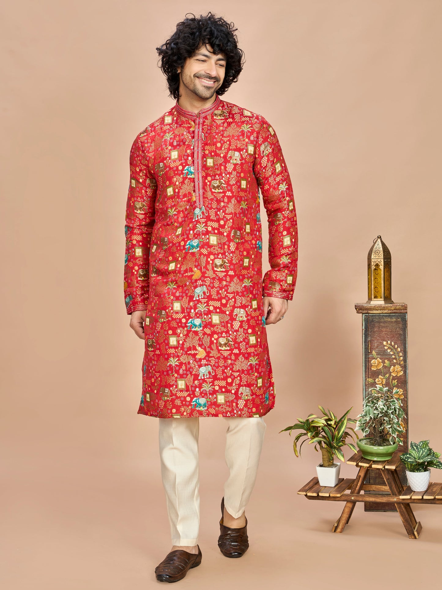 Red Silk Kurta Set for Men