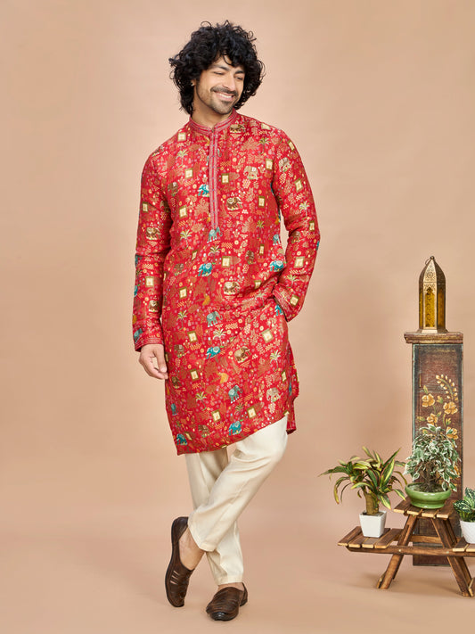 Red Silk Kurta Set for Men