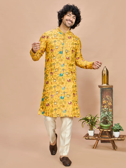 Yellow Silk Kurta Set for Men