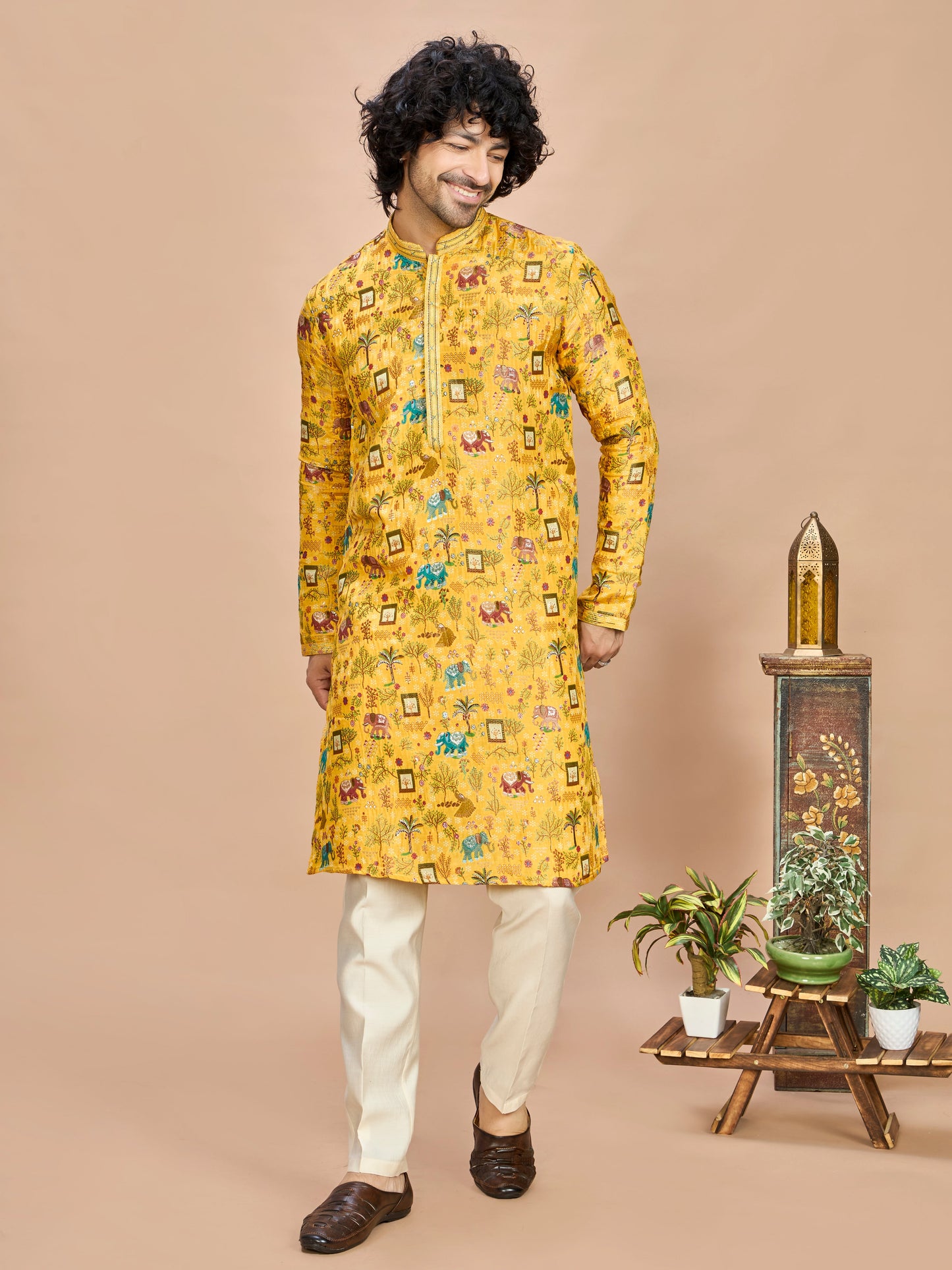 Yellow Silk Kurta Set for Men