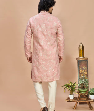Peach Golden Embroidered Kurta for Men