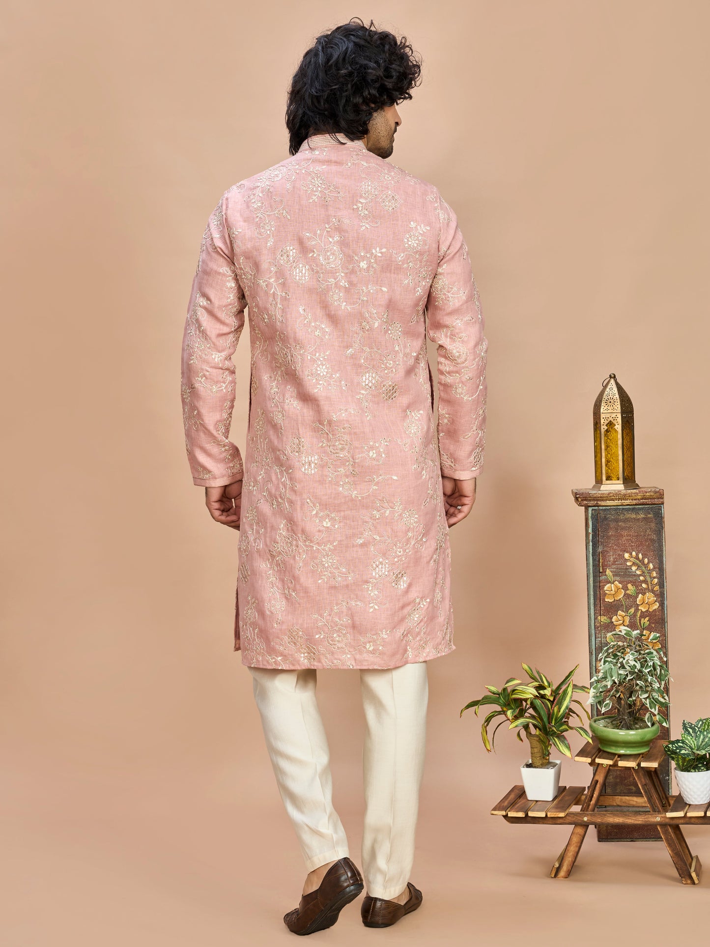 Peach Golden Embroidered Kurta for Men