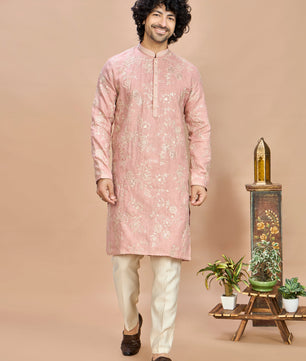 Peach Golden Embroidered Kurta for Men