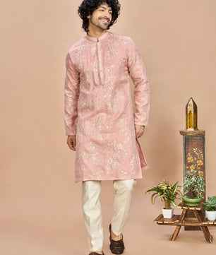 Peach Golden Embroidered Kurta for Men