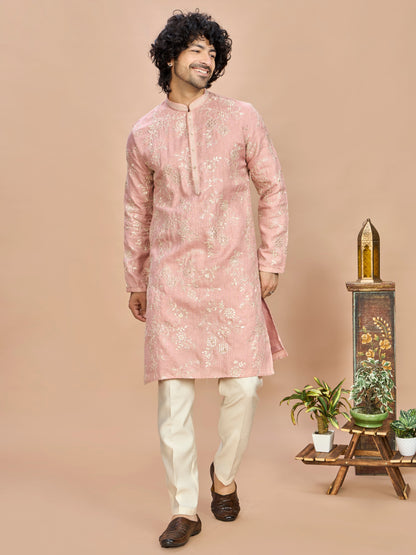 Peach Golden Embroidered Kurta for Men