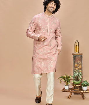 Peach Golden Embroidered Kurta for Men