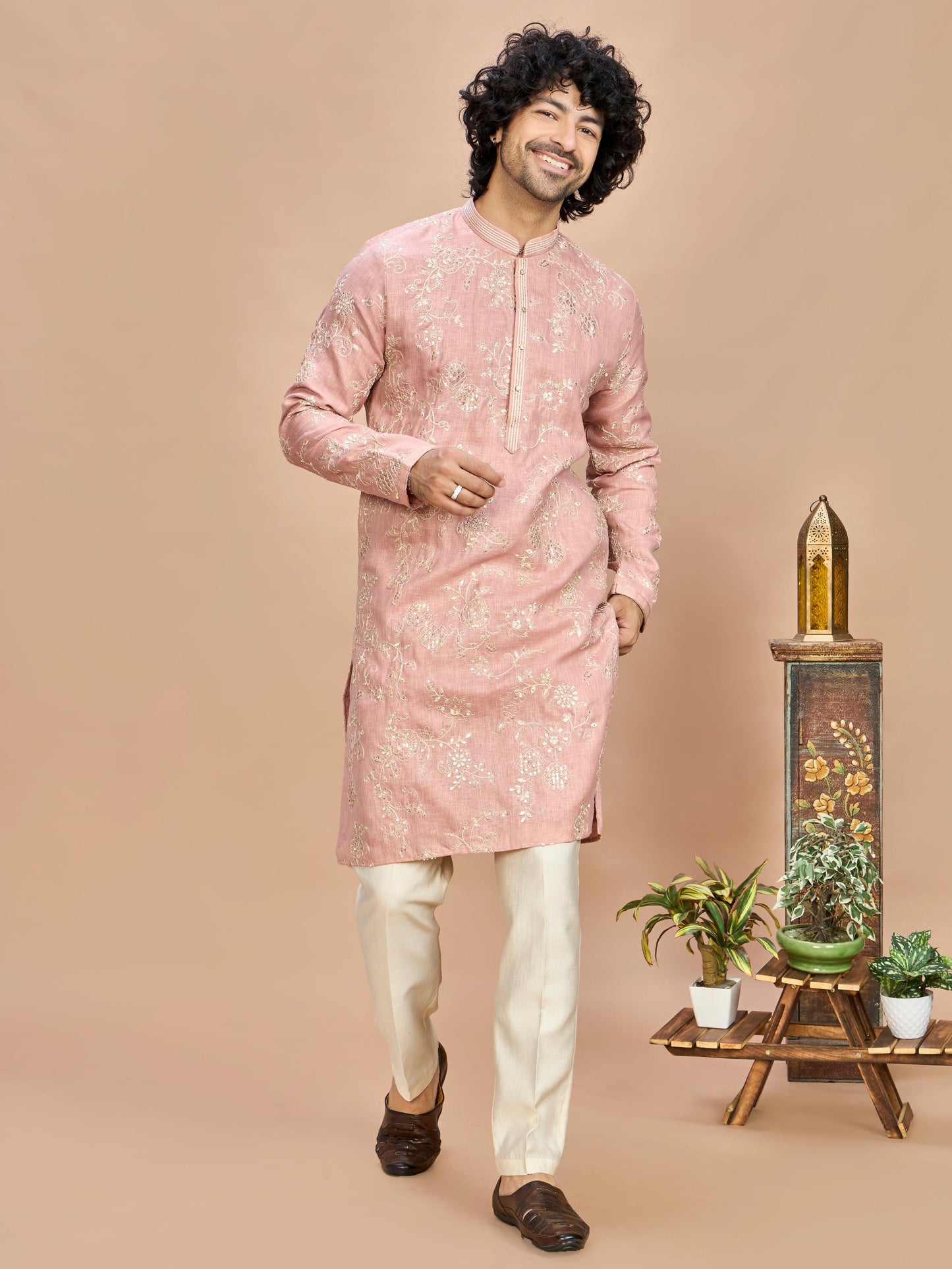 Peach Golden Embroidered Kurta for Men