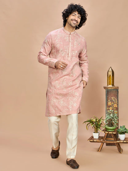 Peach Golden Embroidered Kurta for Men