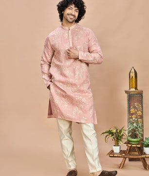 Peach Golden Embroidered Kurta for Men