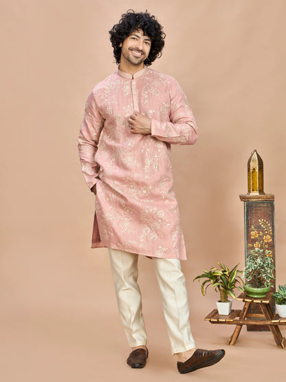 Peach Golden Embroidered Kurta for Men