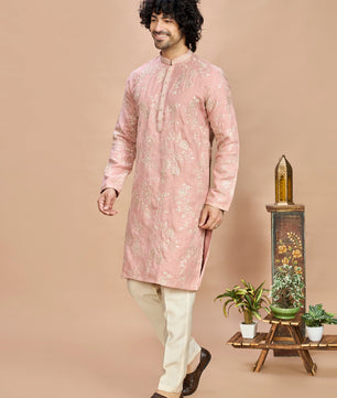 Peach Golden Embroidered Kurta for Men