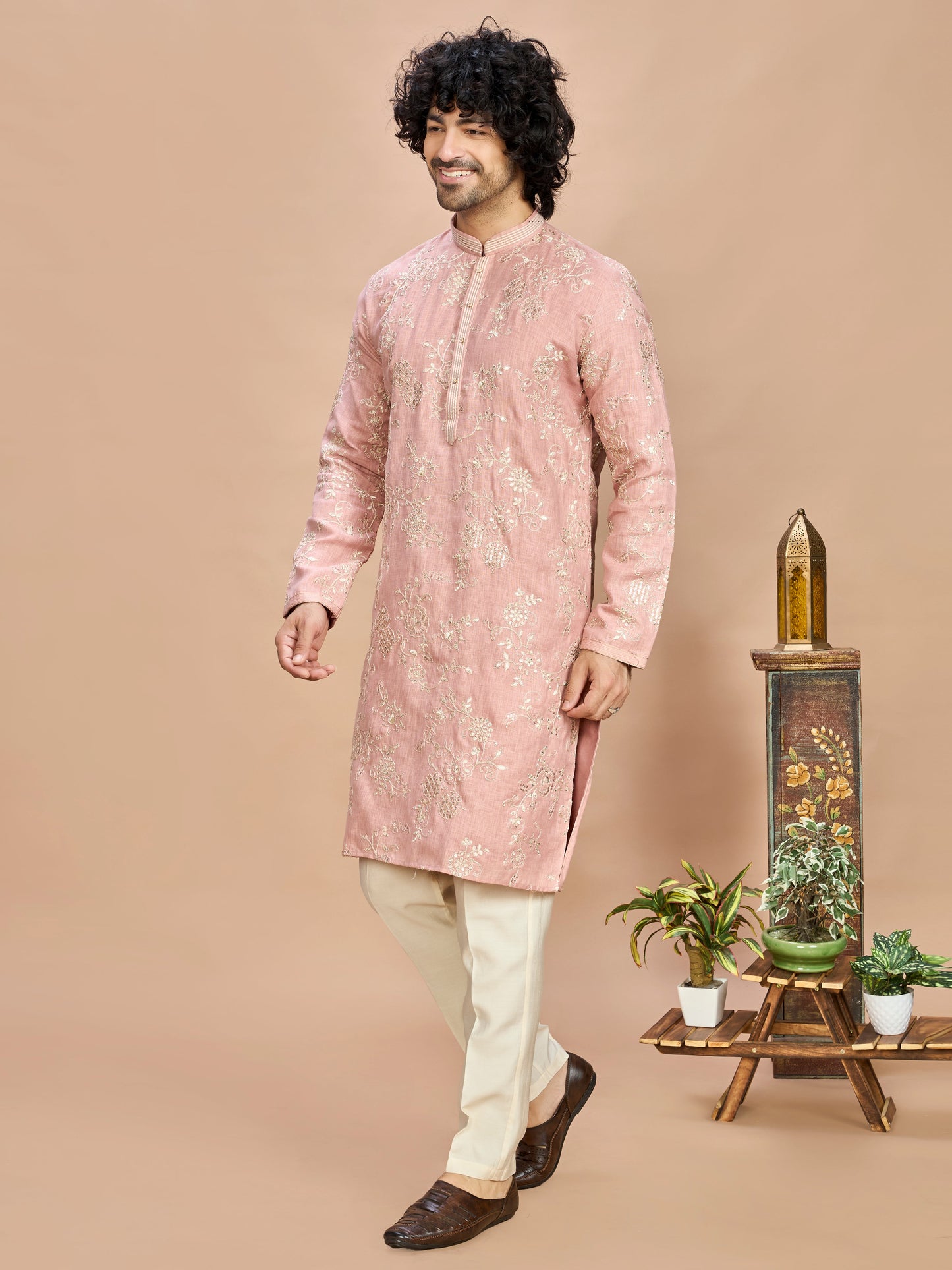 Peach Golden Embroidered Kurta for Men