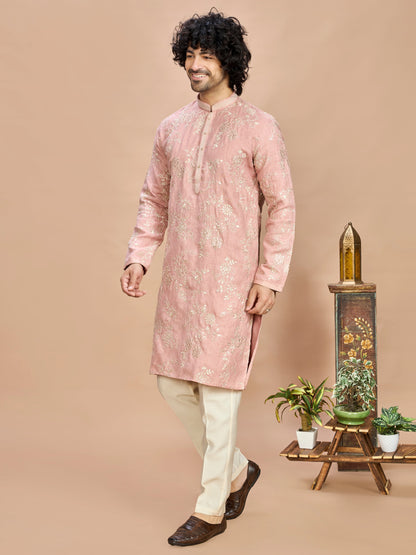 Peach Golden Embroidered Kurta for Men