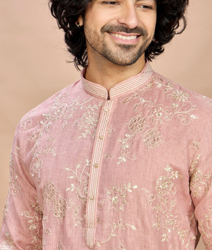 Peach Golden Embroidered Kurta for Men