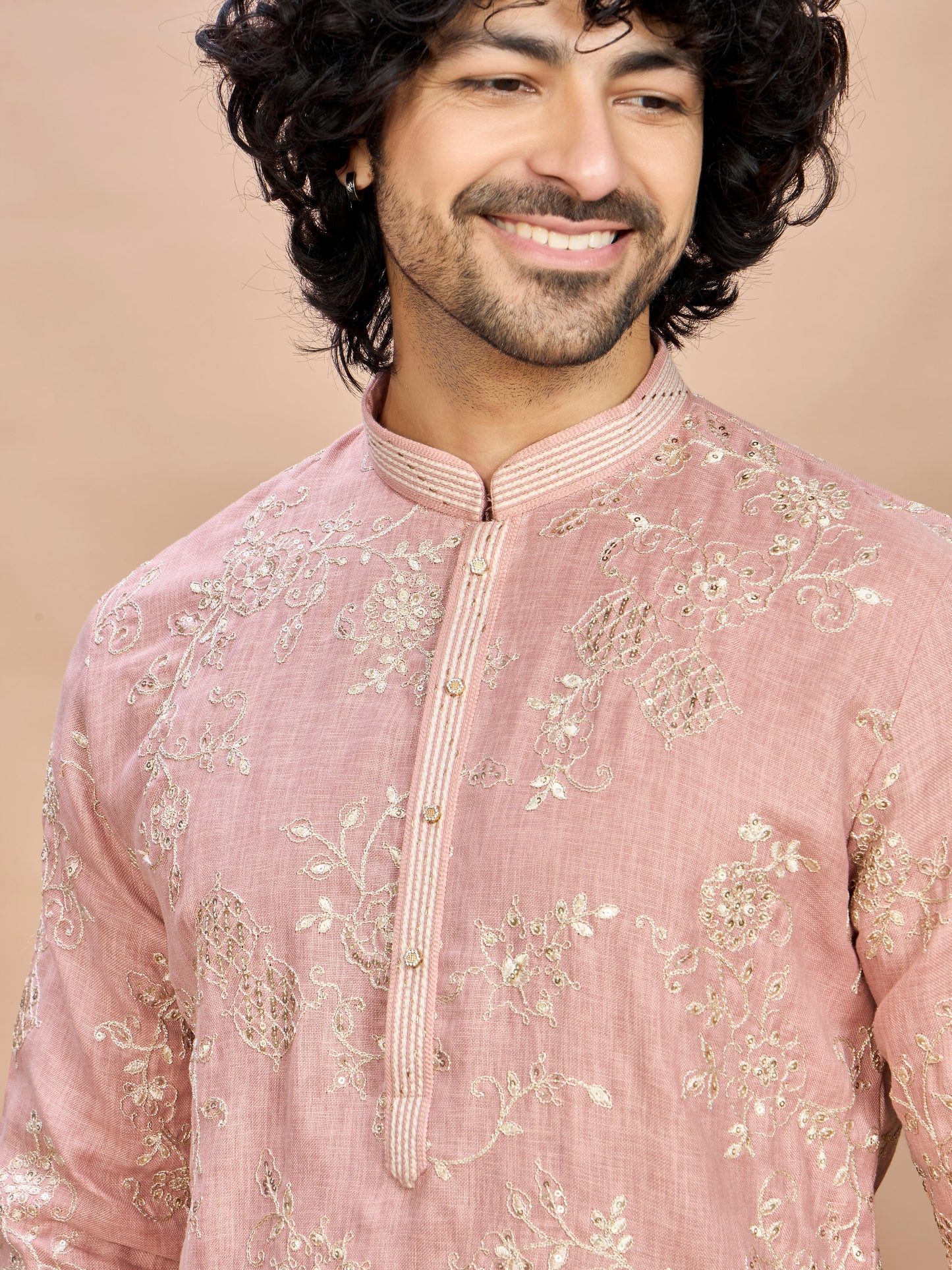 Peach Golden Embroidered Kurta for Men