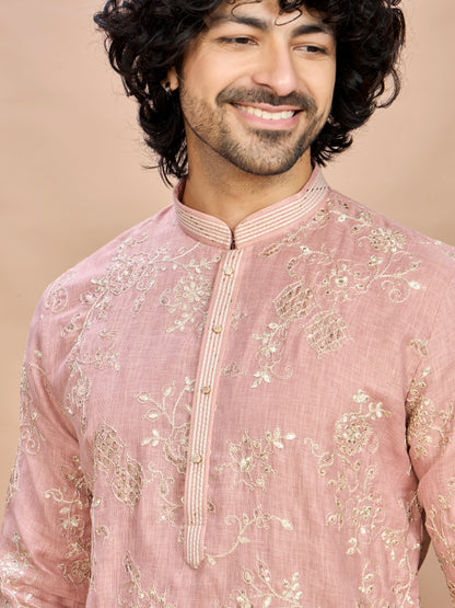 Peach Golden Embroidered Kurta for Men