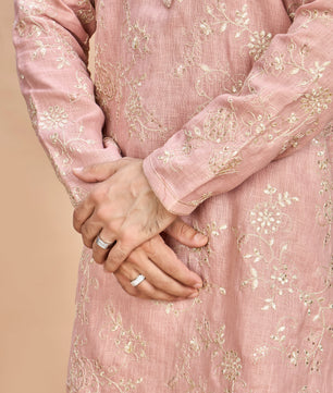 Peach Golden Embroidered Kurta for Men