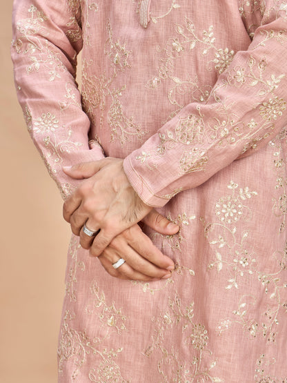 Peach Golden Embroidered Kurta for Men