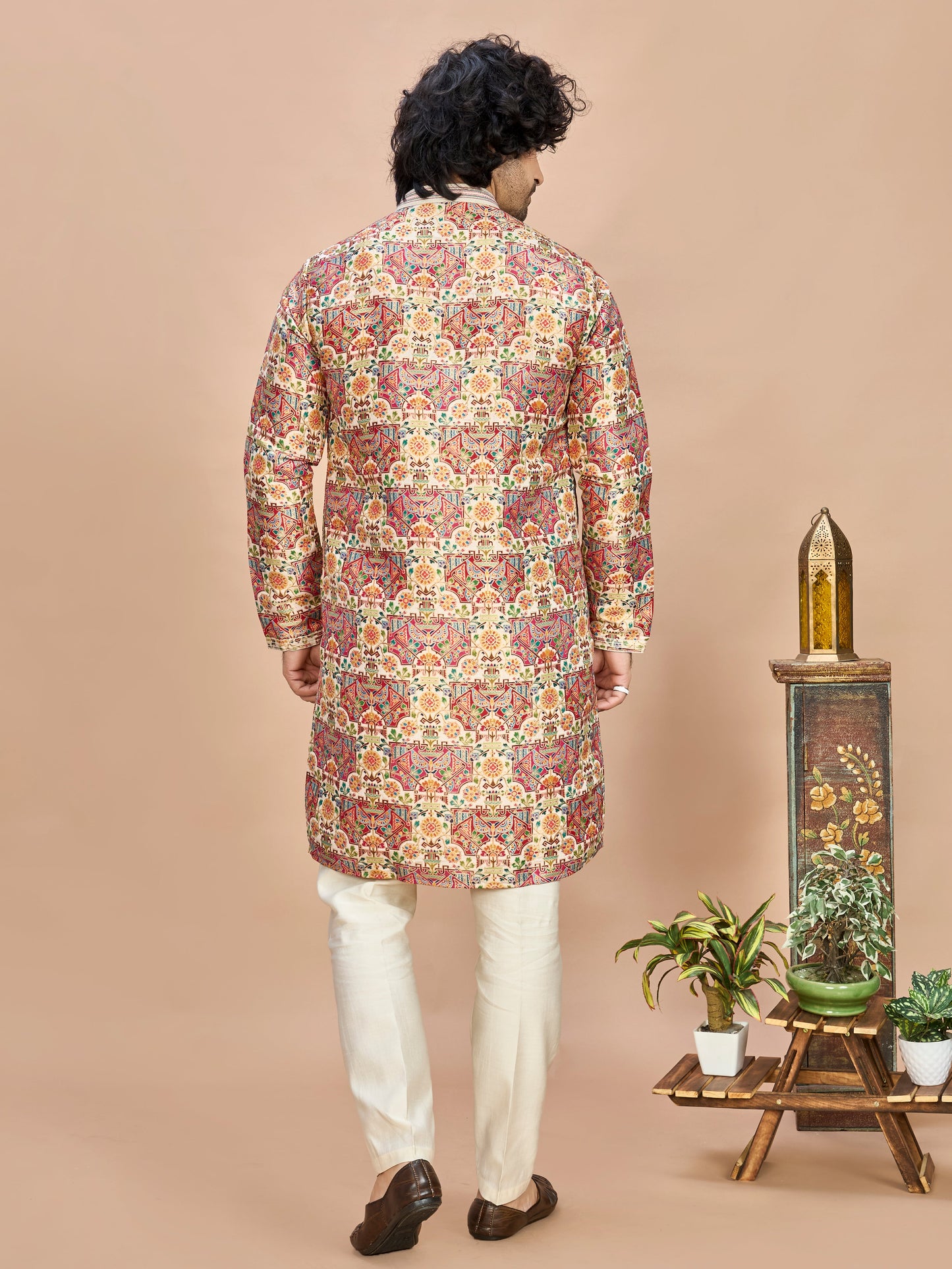 Cream Pastel Embroidered Kurta for Men