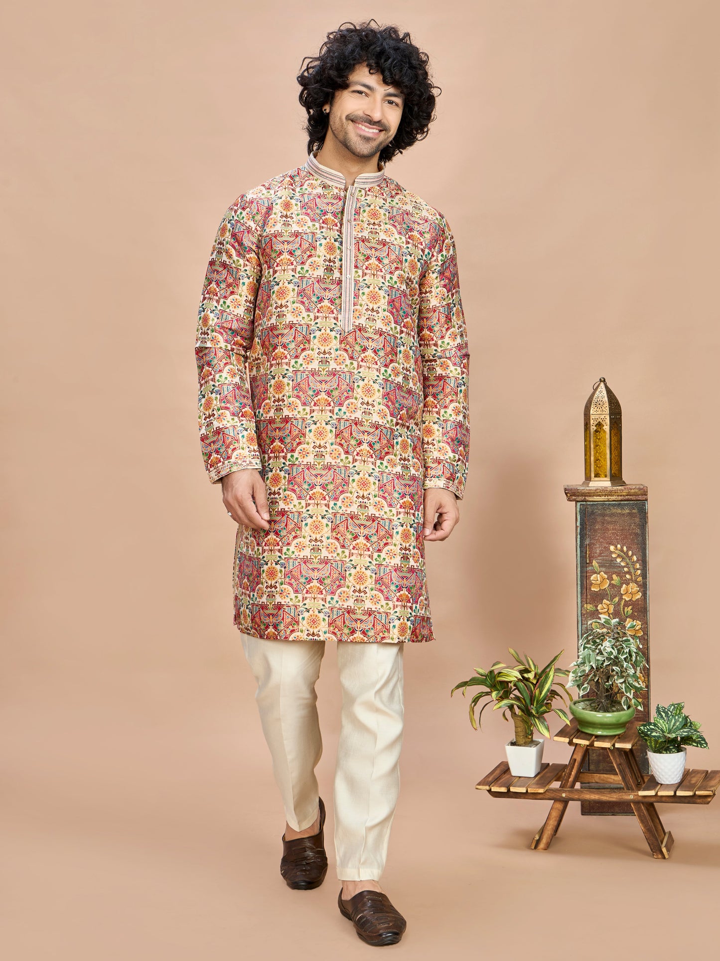 Cream Pastel Embroidered Kurta for Men