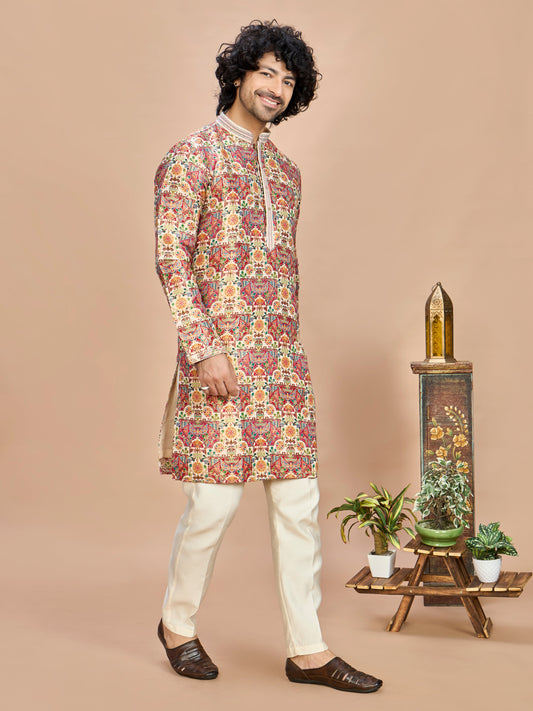 Cream Pastel Embroidered Kurta for Men