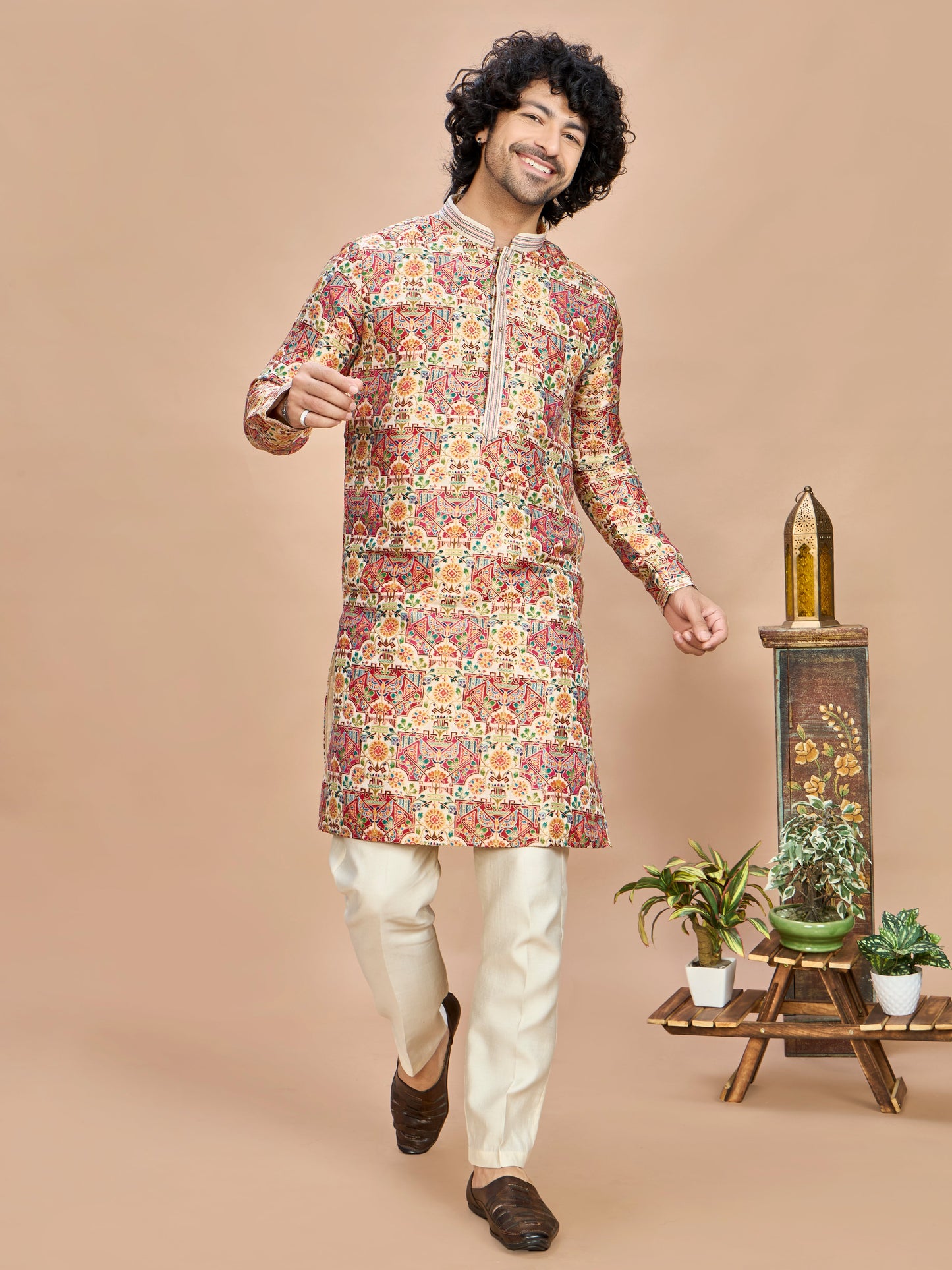 Cream Pastel Embroidered Kurta for Men