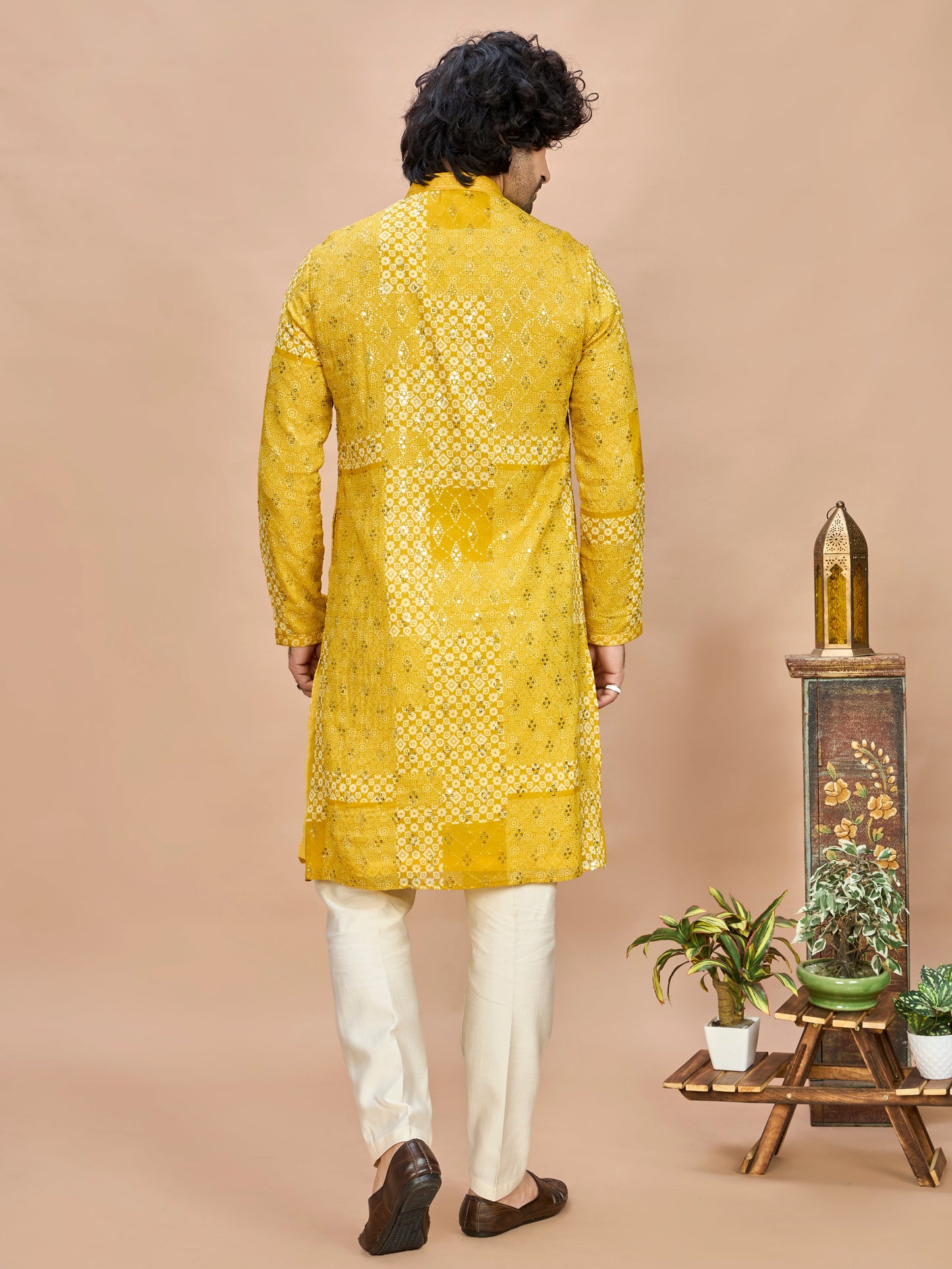 Yellow Silk Embroidered Kurta Set for Men