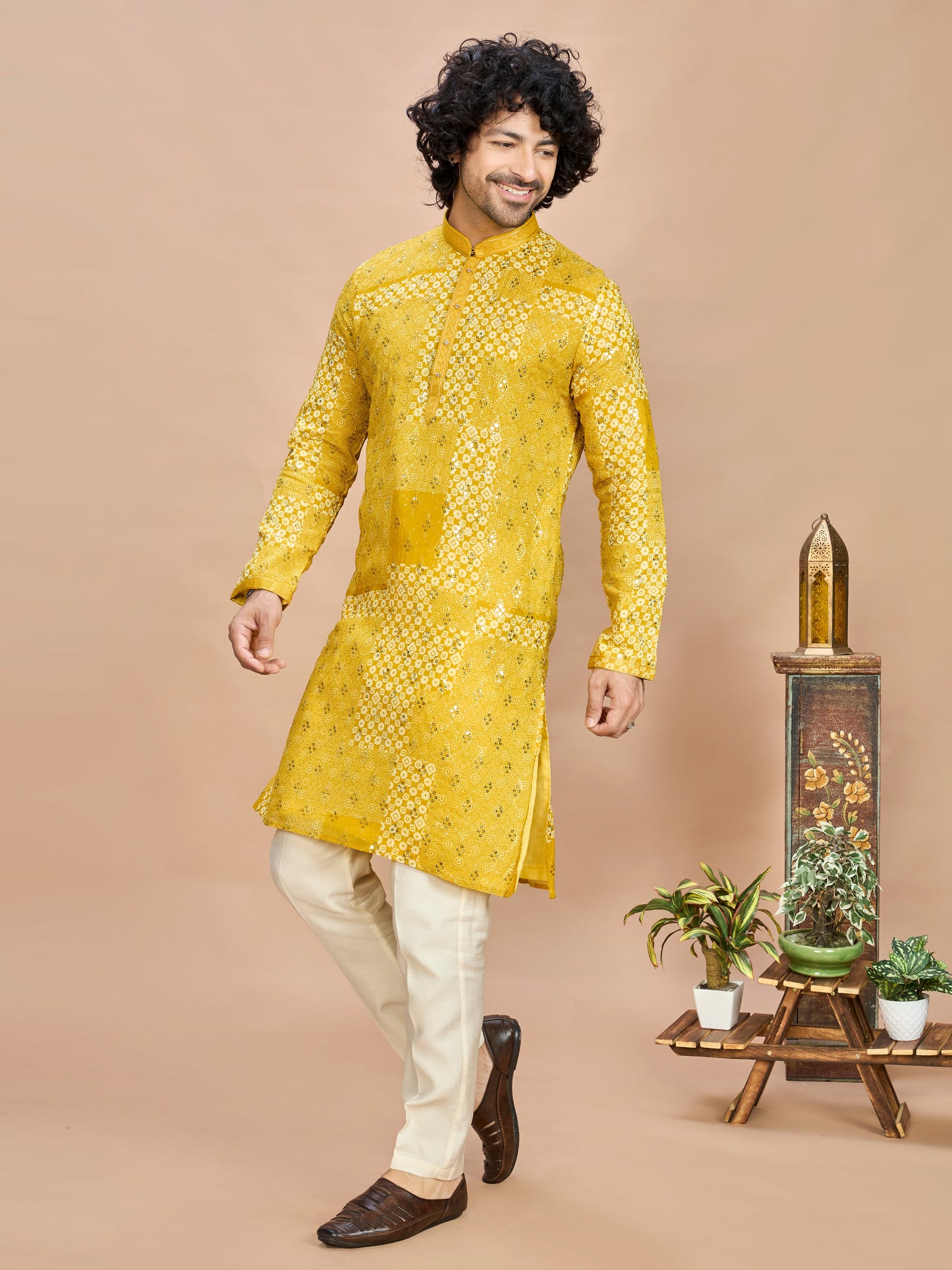 Yellow Silk Embroidered Kurta Set for Men