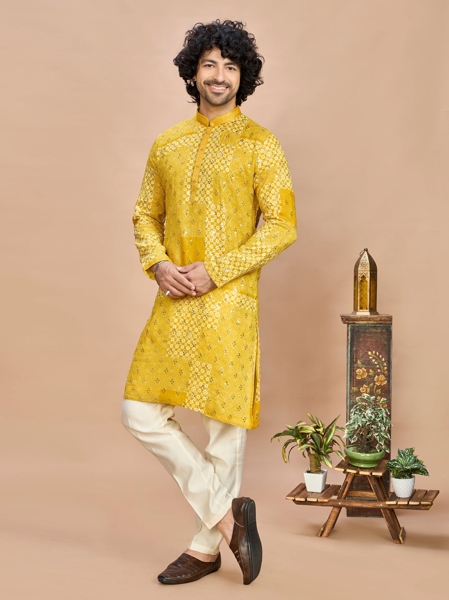 Yellow Silk Embroidered Kurta Set for Men