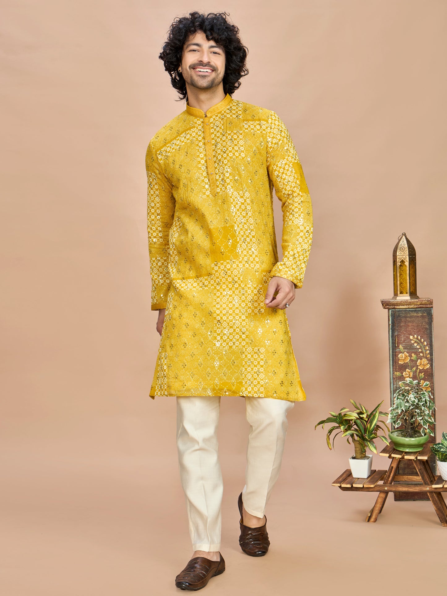 Yellow Silk Embroidered Kurta Set for Men