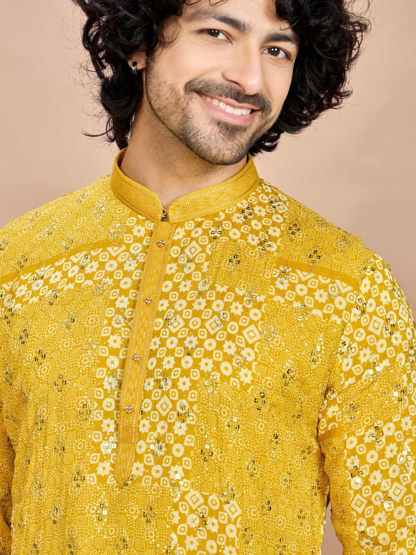 Yellow Silk Embroidered Kurta Set for Men