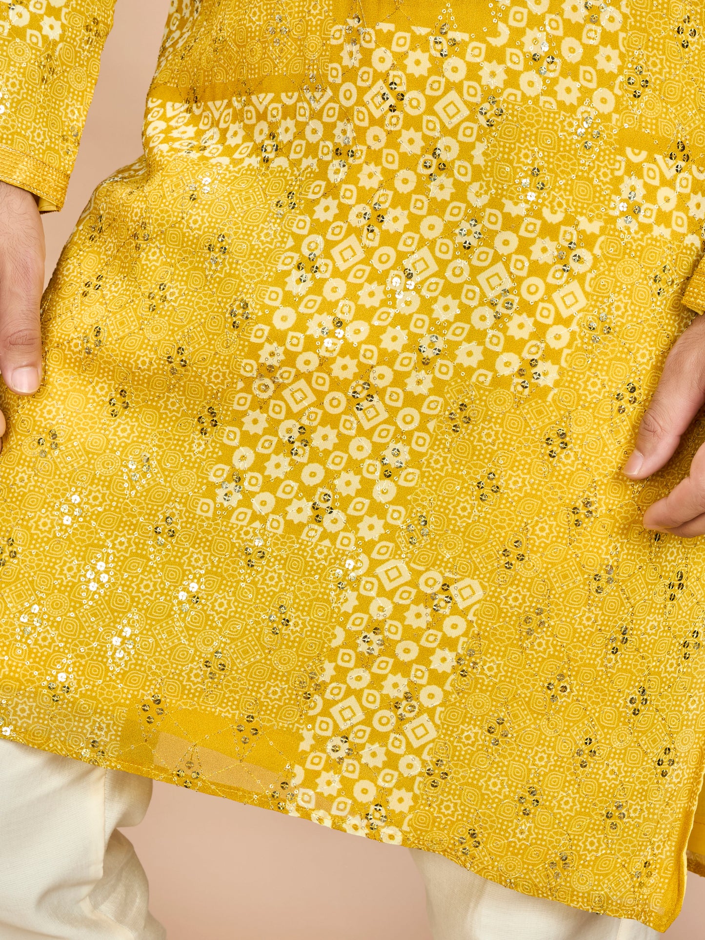 Yellow Silk Embroidered Kurta Set for Men