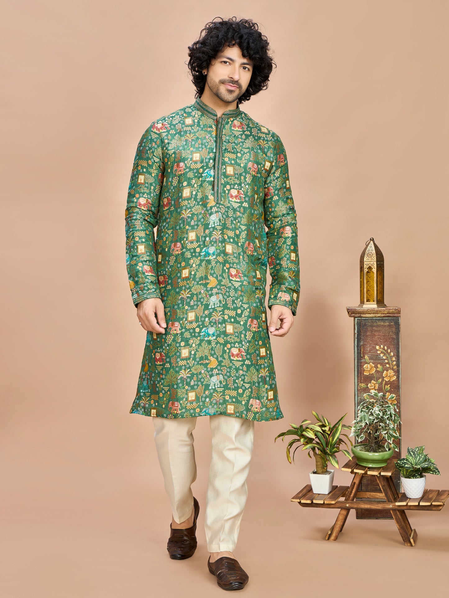 Green Silk Kurta Set for Men