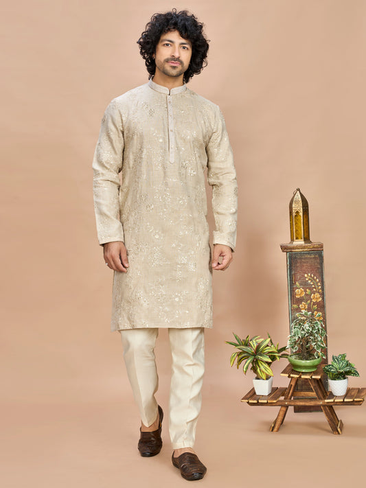 Cream Golden Embroidered Kurta for Men