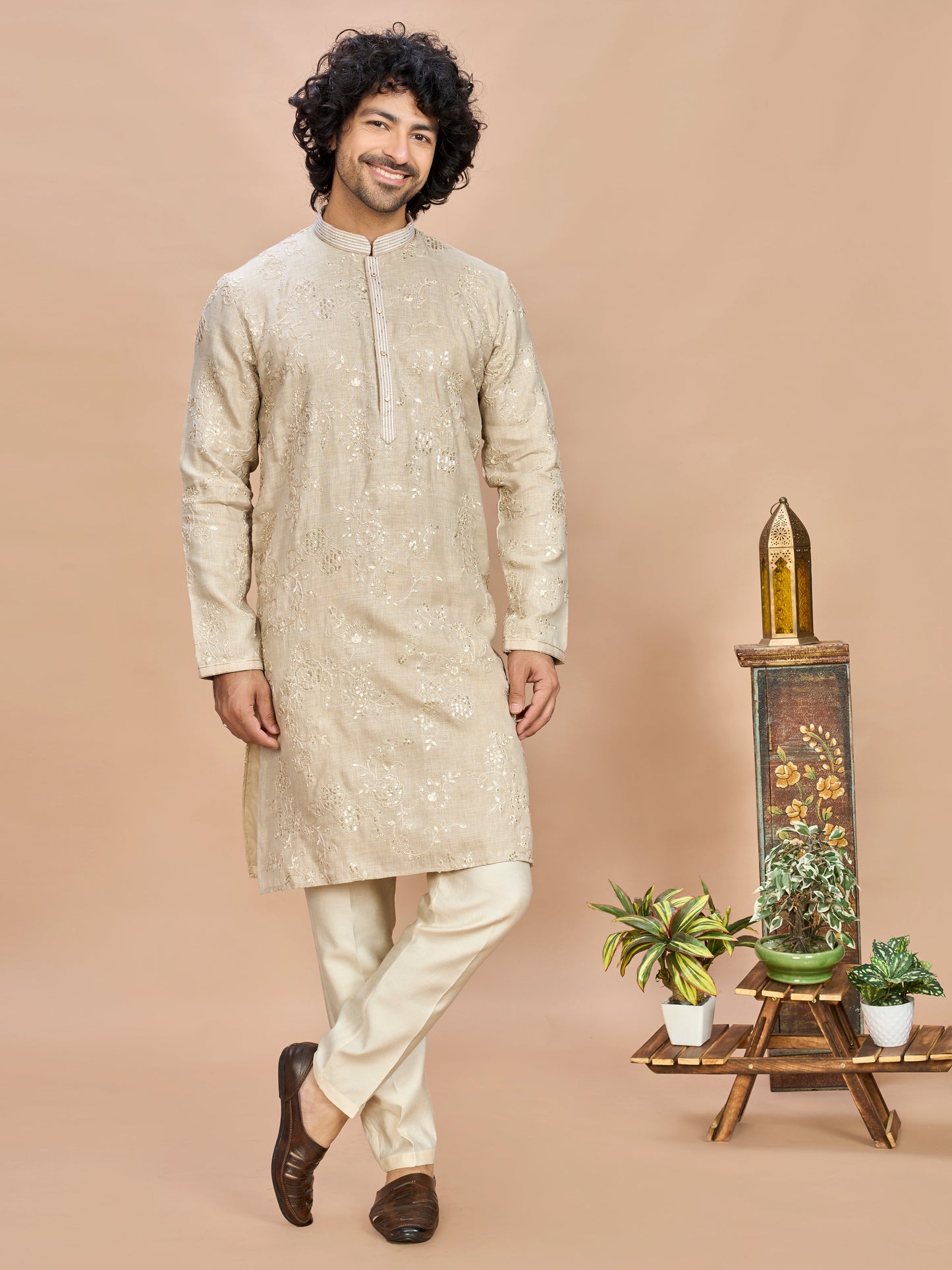 Cream Golden Embroidered Kurta for Men