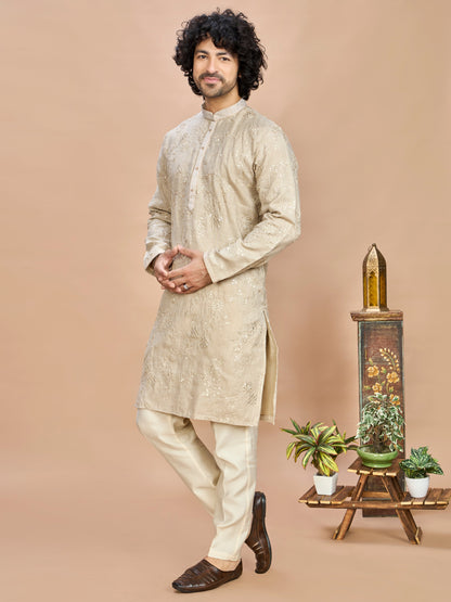Cream Golden Embroidered Kurta for Men