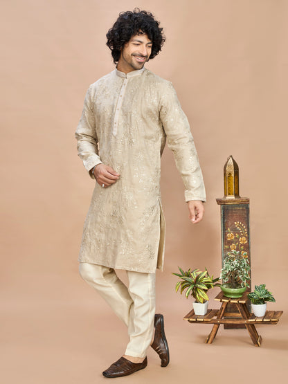 Cream Golden Embroidered Kurta for Men