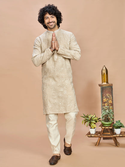 Cream Golden Embroidered Kurta for Men
