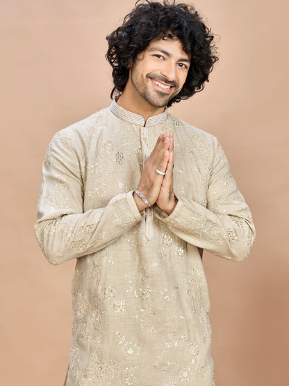 Cream Golden Embroidered Kurta for Men
