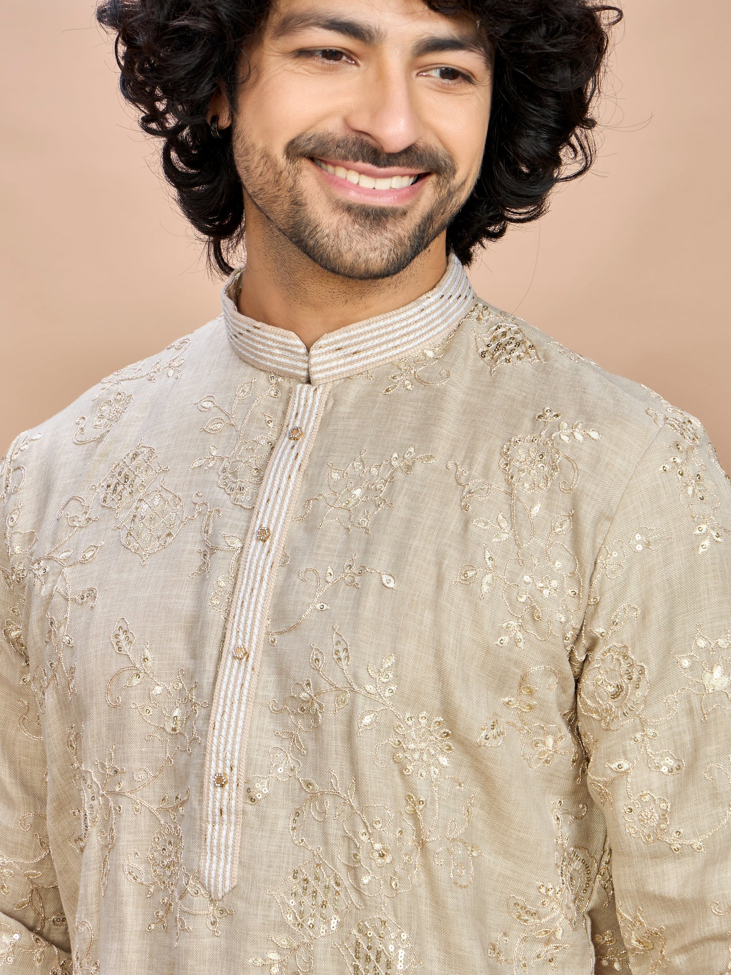 Cream Golden Embroidered Kurta for Men