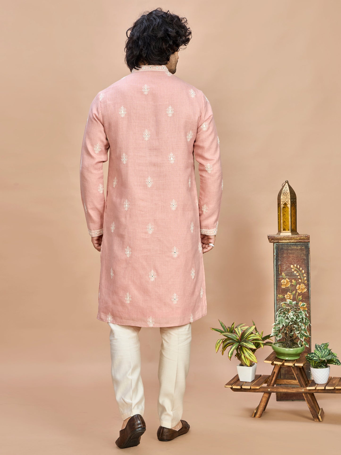 Pink Linen Embroidered Kurta Set for Men
