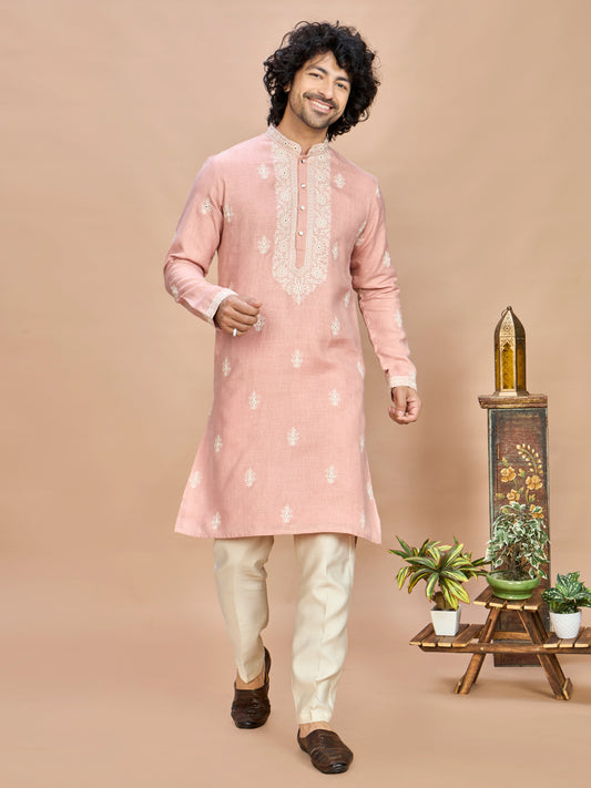 Pink Linen Embroidered Kurta Set for Men