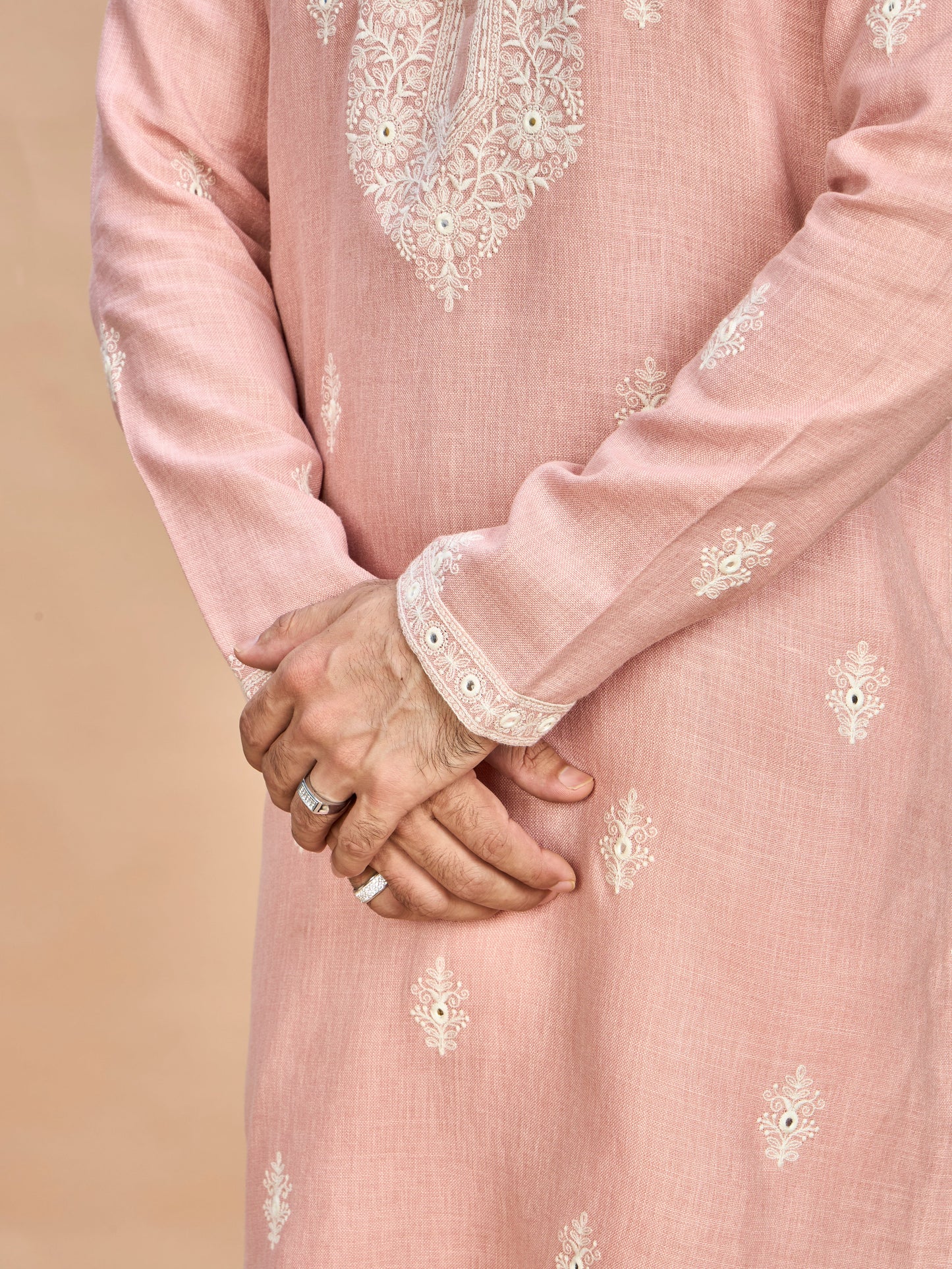 Pink Linen Embroidered Kurta Set for Men