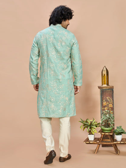 Pista Pastel Embroidered Kurta for Men