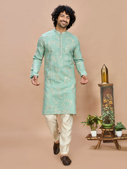 Pista Pastel Embroidered Kurta for Men
