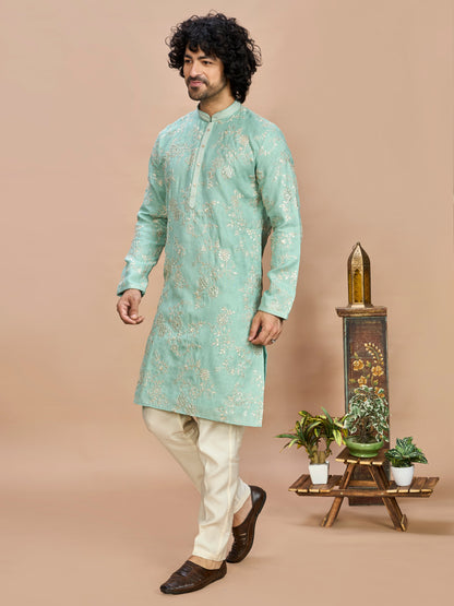 Pista Pastel Embroidered Kurta for Men