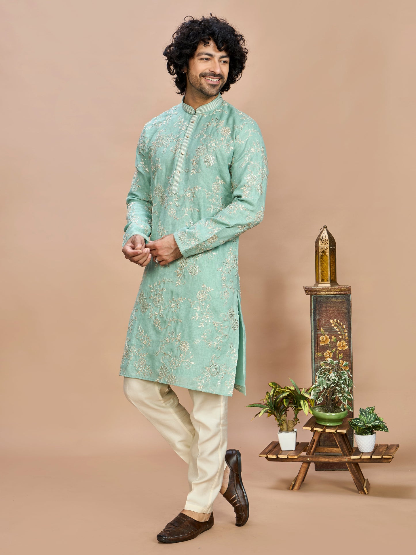 Pista Pastel Embroidered Kurta for Men